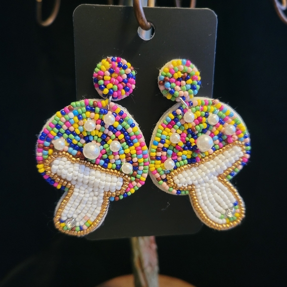 Jewelry - Rainbow Beaded Mushroom Earrings